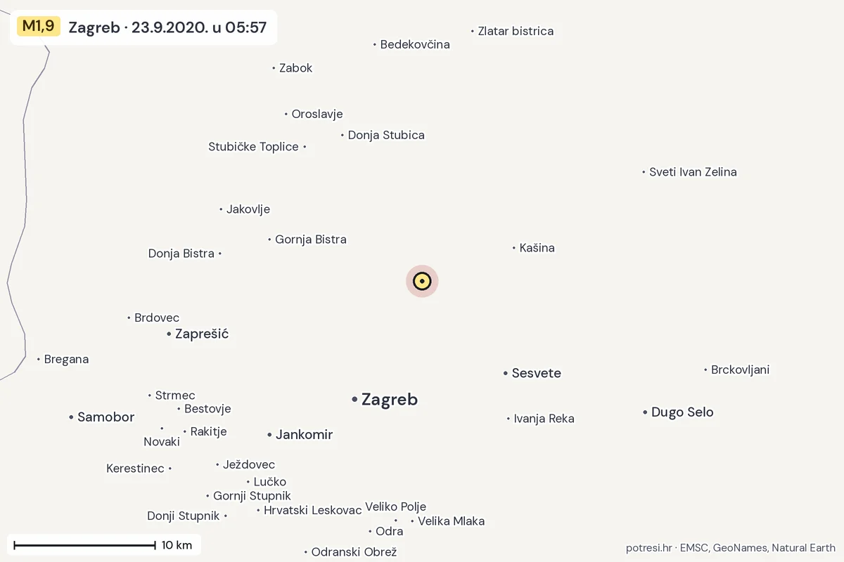 Karta: okolica epicentra, 60 km, potres M1,9, Zagreb, 23.9.2020.