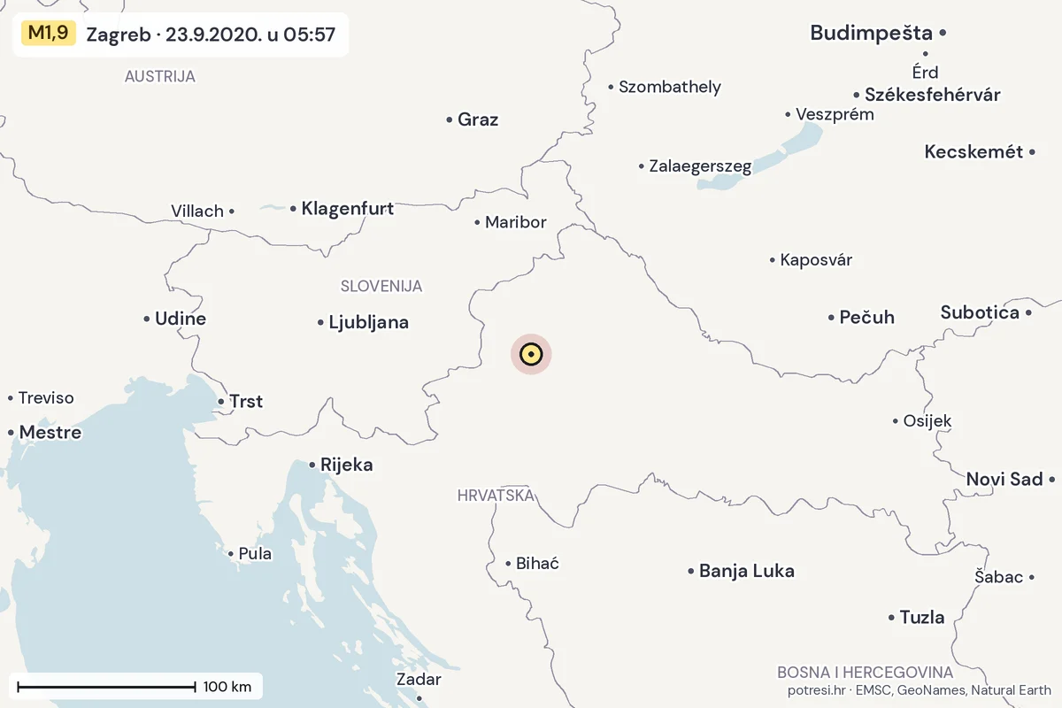Karta: šire područje, 600 km, potres M1,9, Zagreb, 23.9.2020.