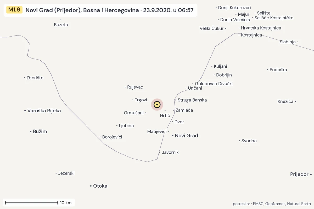 Karta: okolica epicentra, 60 km, potres M1,9, Novi Grad (Prijedor), Bosna i Hercegovina, 23.9.2020.