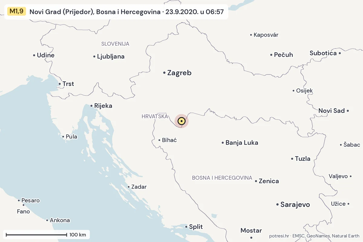 Karta: šire područje, 600 km, potres M1,9, Novi Grad (Prijedor), Bosna i Hercegovina, 23.9.2020.