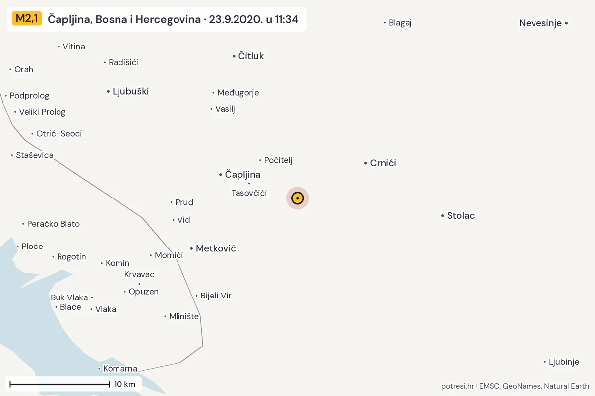 Karta: okolica epicentra, 60 km, potres M2,1, Čapljina, Bosna i Hercegovina, 23.9.2020.