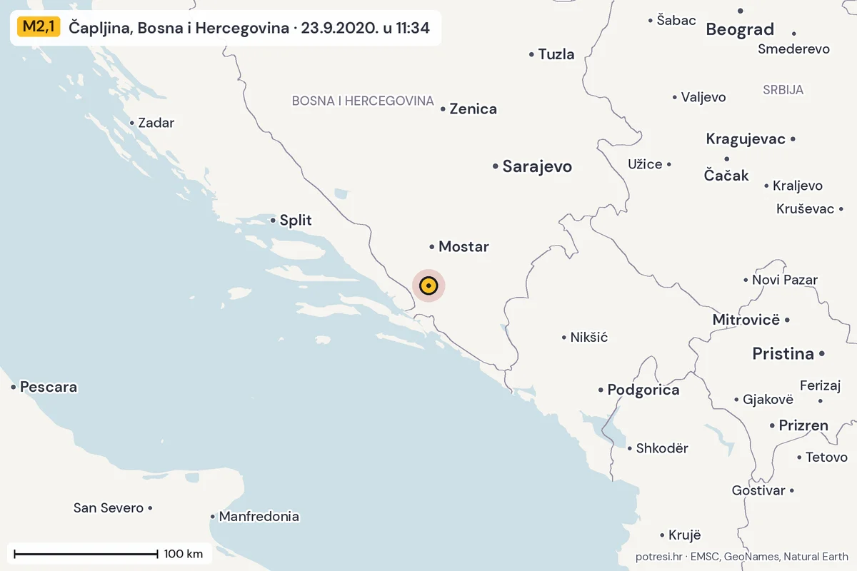 Karta: šire područje, 600 km, potres M2,1, Čapljina, Bosna i Hercegovina, 23.9.2020.