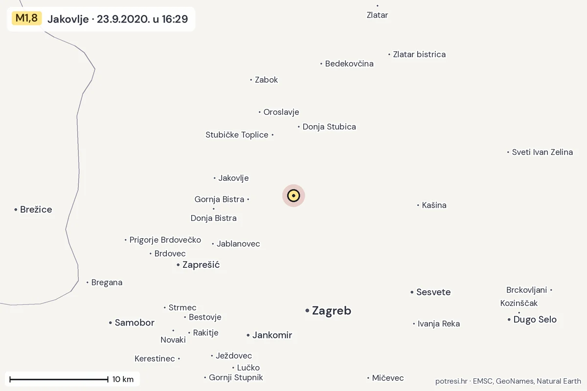 Karta: okolica epicentra, 60 km, potres M1,8, Jakovlje, 23.9.2020.