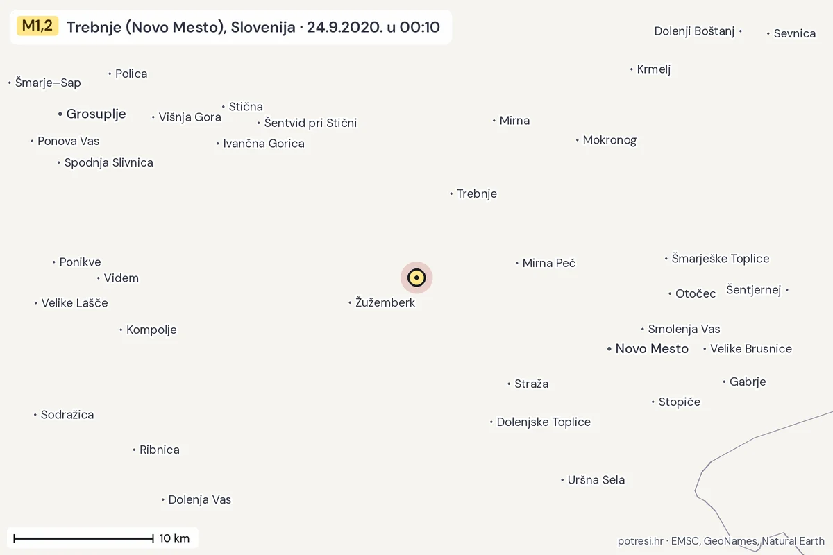 Karta: okolica epicentra, 60 km, potres M1,2, Trebnje (Novo Mesto), Slovenija, 24.9.2020.