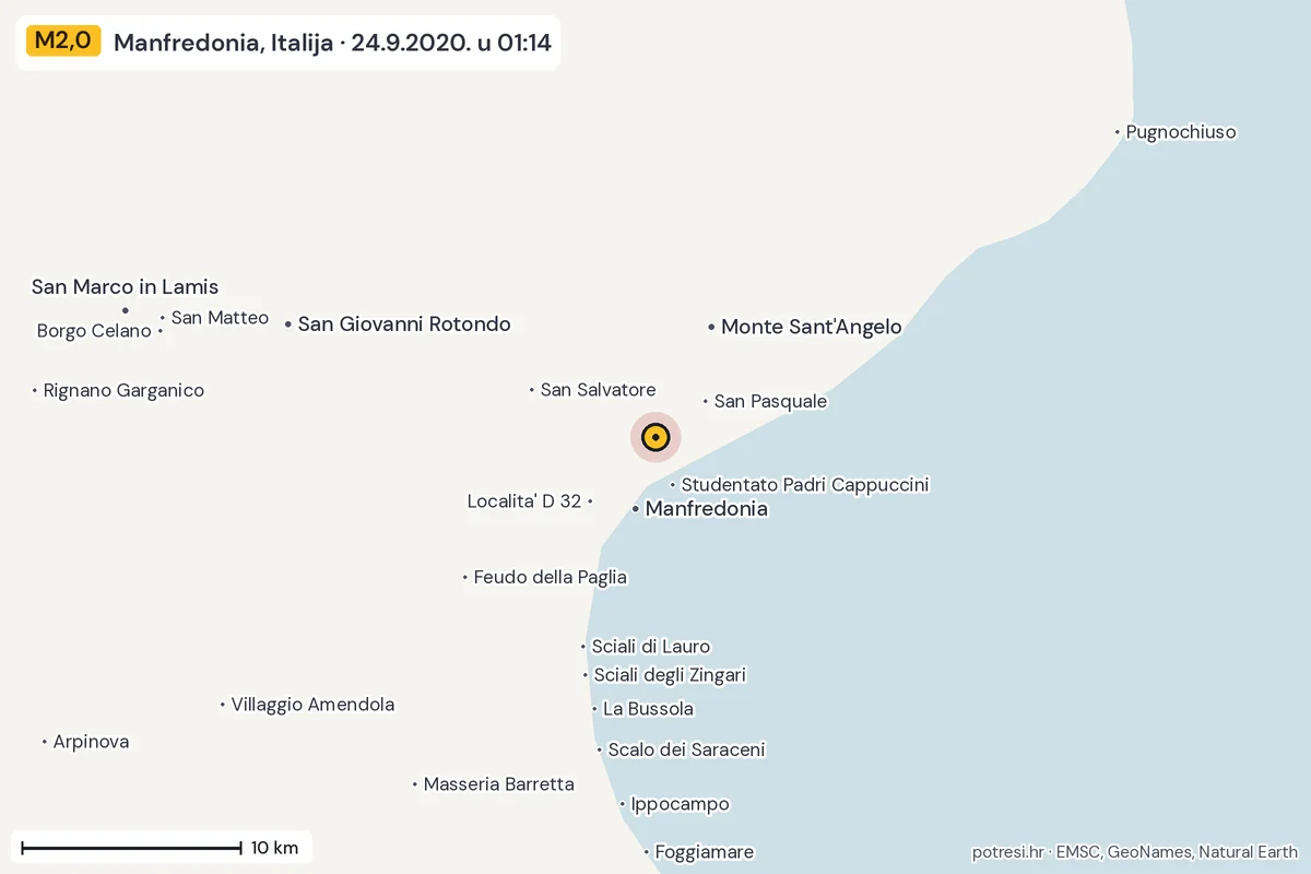 Karta: okolica epicentra, 60 km, potres M2,0, Manfredonia, Italija, 24.9.2020.