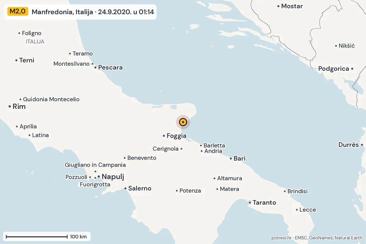 Karta: šire područje, 600 km, potres M2,0, Manfredonia, Italija, 24.9.2020.