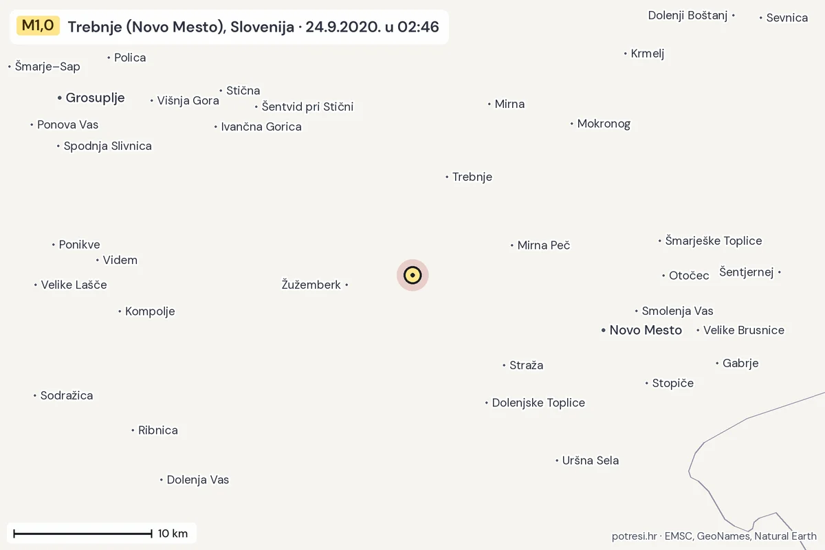 Karta: okolica epicentra, 60 km, potres M1,0, Trebnje (Novo Mesto), Slovenija, 24.9.2020.