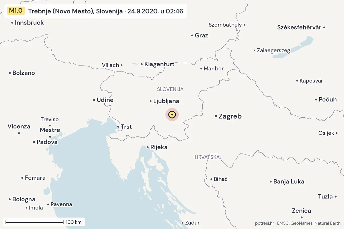 Karta: šire područje, 600 km, potres M1,0, Trebnje (Novo Mesto), Slovenija, 24.9.2020.