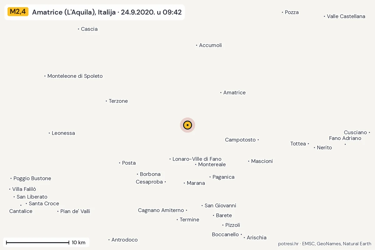 Karta: okolica epicentra, 60 km, potres M2,4, Amatrice (L'Aquila), Italija, 24.9.2020.