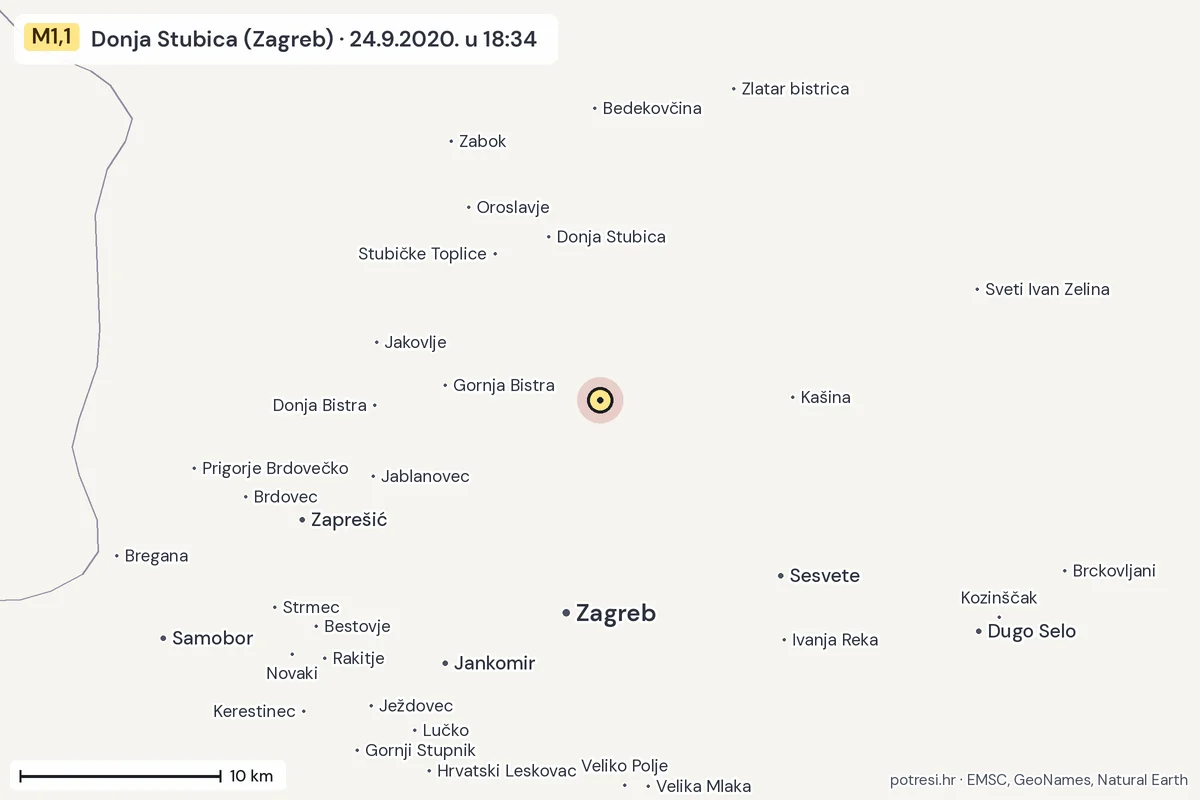 Karta: okolica epicentra, 60 km, potres M1,1, Donja Stubica (Zagreb), 24.9.2020.