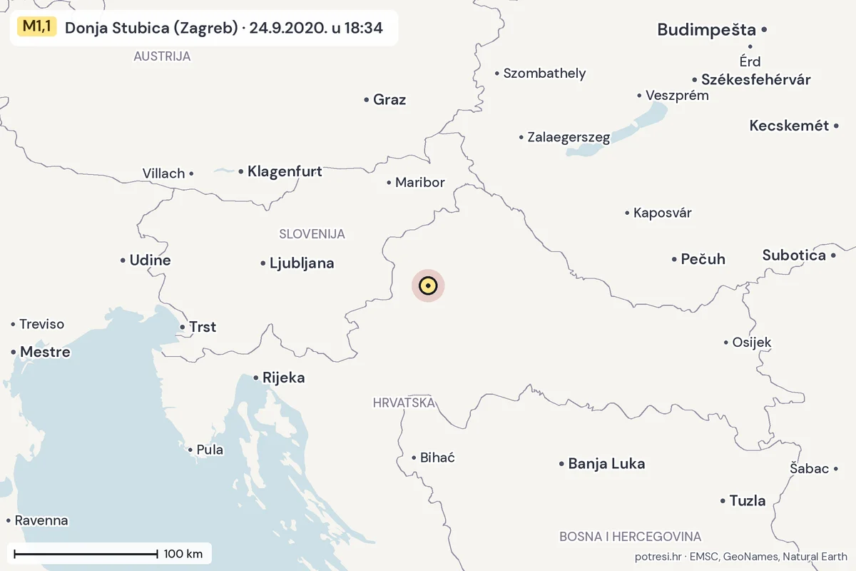 Karta: šire područje, 600 km, potres M1,1, Donja Stubica (Zagreb), 24.9.2020.