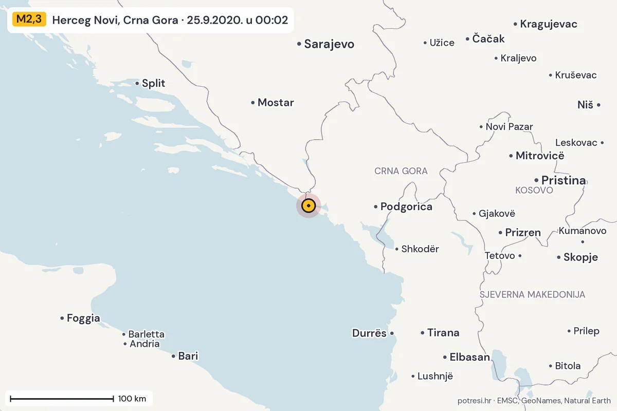 Karta: šire područje, 600 km, potres M2,3, Herceg Novi, Crna Gora, 25.9.2020.