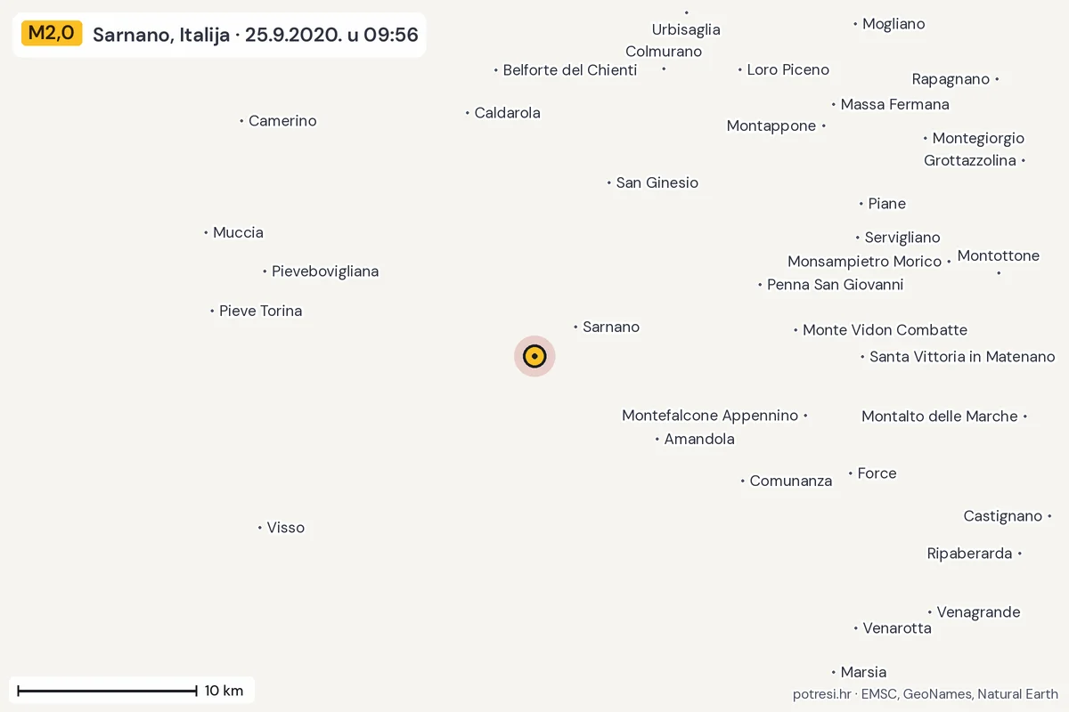 Karta: okolica epicentra, 60 km, potres M2,0, Sarnano, Italija, 25.9.2020.