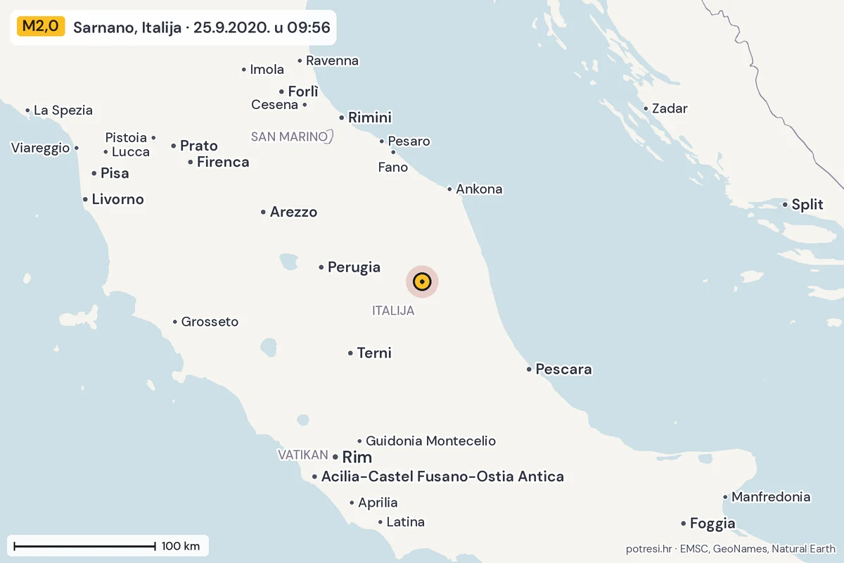 Karta: šire područje, 600 km, potres M2,0, Sarnano, Italija, 25.9.2020.