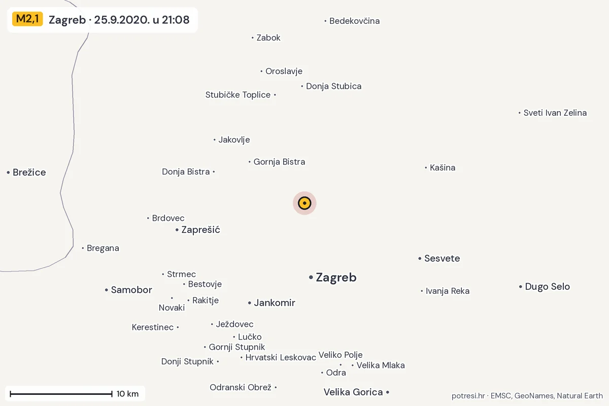 Karta: okolica epicentra, 60 km, potres M2,1, Zagreb, 25.9.2020.