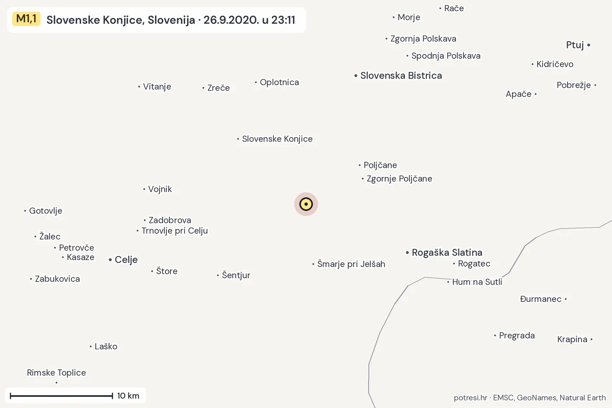 Karta: okolica epicentra, 60 km, potres M1,1, Slovenske Konjice, Slovenija, 26.9.2020.