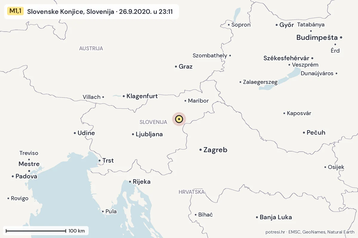 Karta: šire područje, 600 km, potres M1,1, Slovenske Konjice, Slovenija, 26.9.2020.