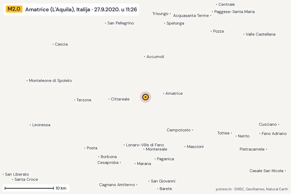 Karta: okolica epicentra, 60 km, potres M2,0, Amatrice (L'Aquila), Italija, 27.9.2020.