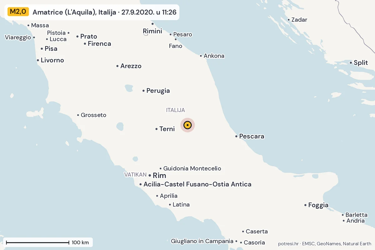 Karta: šire područje, 600 km, potres M2,0, Amatrice (L'Aquila), Italija, 27.9.2020.