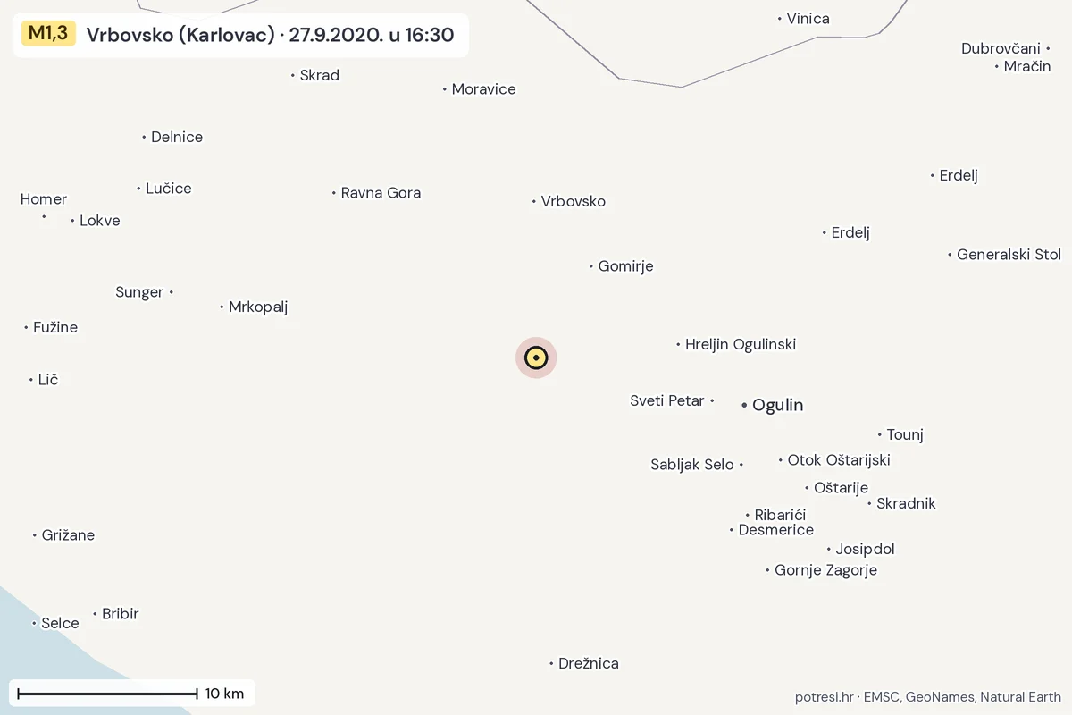 Karta: okolica epicentra, 60 km, potres M1,3, Vrbovsko (Karlovac), 27.9.2020.