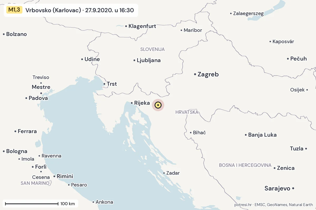 Karta: šire područje, 600 km, potres M1,3, Vrbovsko (Karlovac), 27.9.2020.