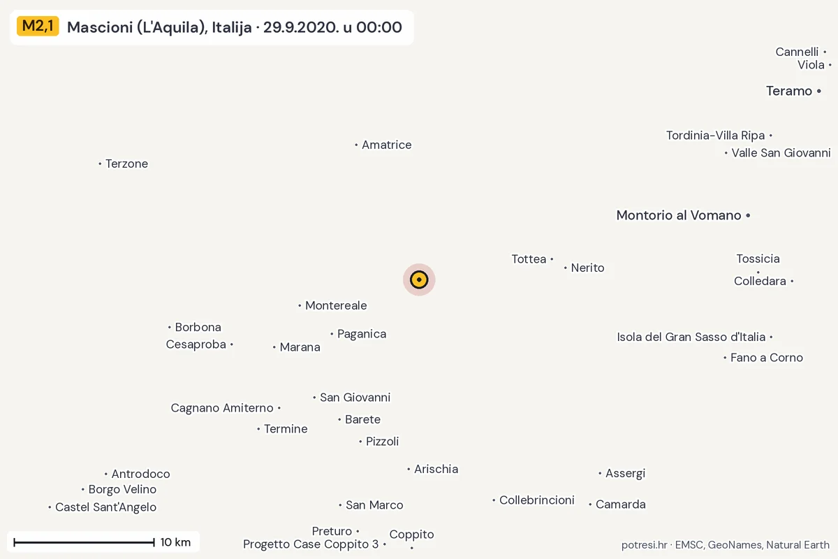 Karta: okolica epicentra, 60 km, potres M2,1, Mascioni (L'Aquila), Italija, 29.9.2020.