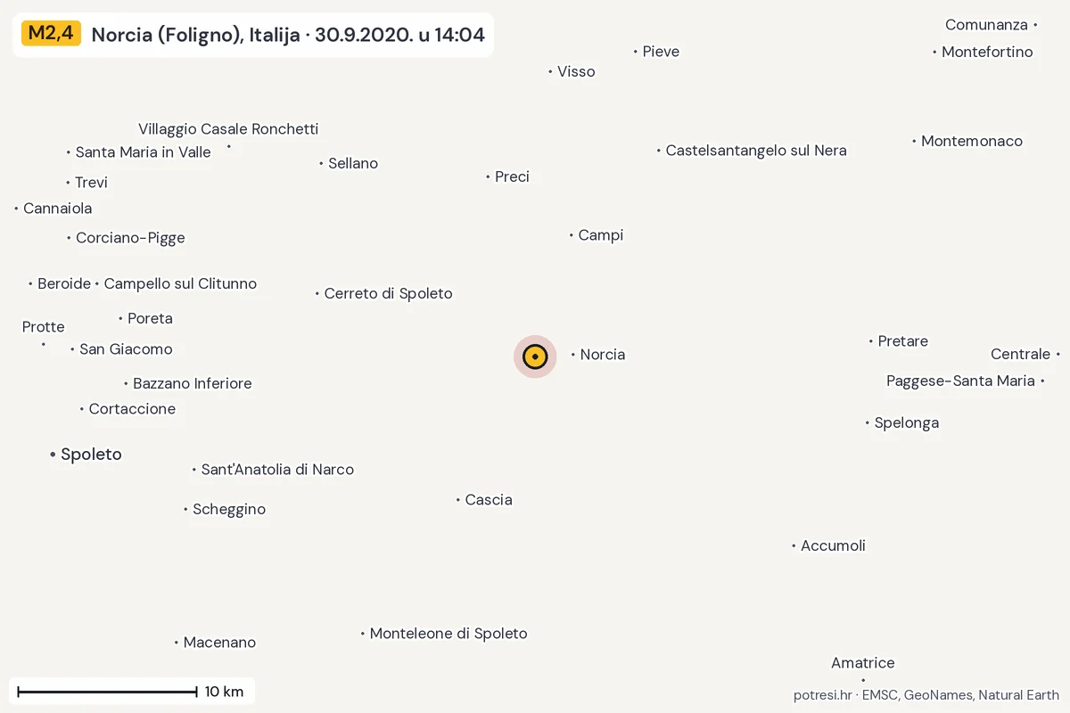 Karta: okolica epicentra, 60 km, potres M2,4, Norcia (Foligno), Italija, 30.9.2020.