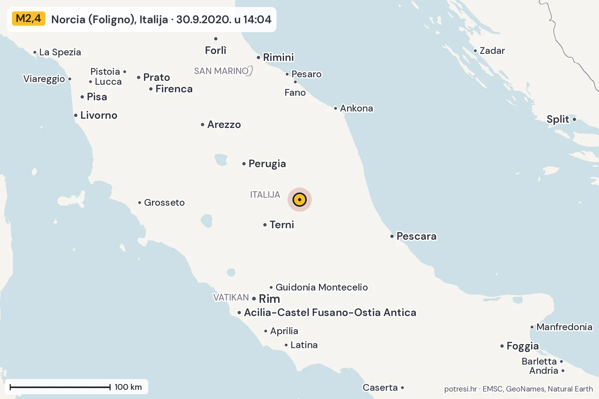 Karta: šire područje, 600 km, potres M2,4, Norcia (Foligno), Italija, 30.9.2020.