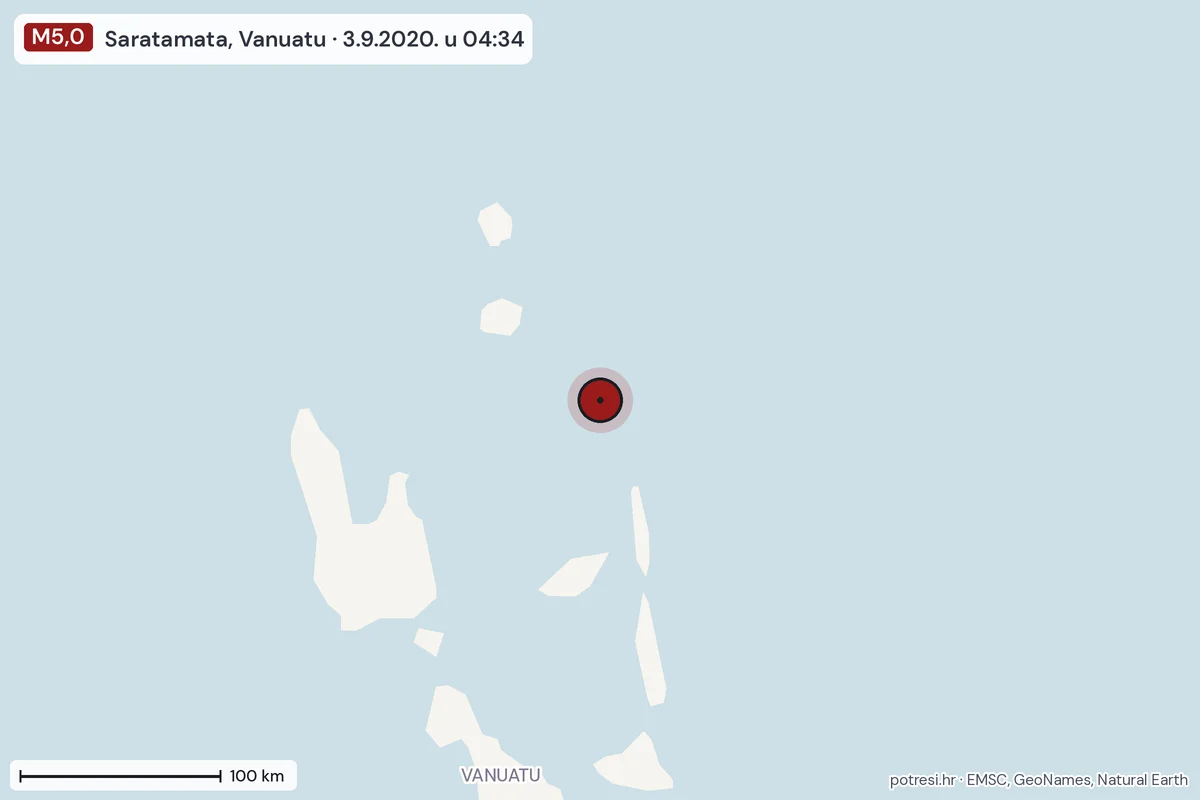 Karta: šire područje, 600 km, potres M5,0, Saratamata, Vanuatu, 3.9.2020.