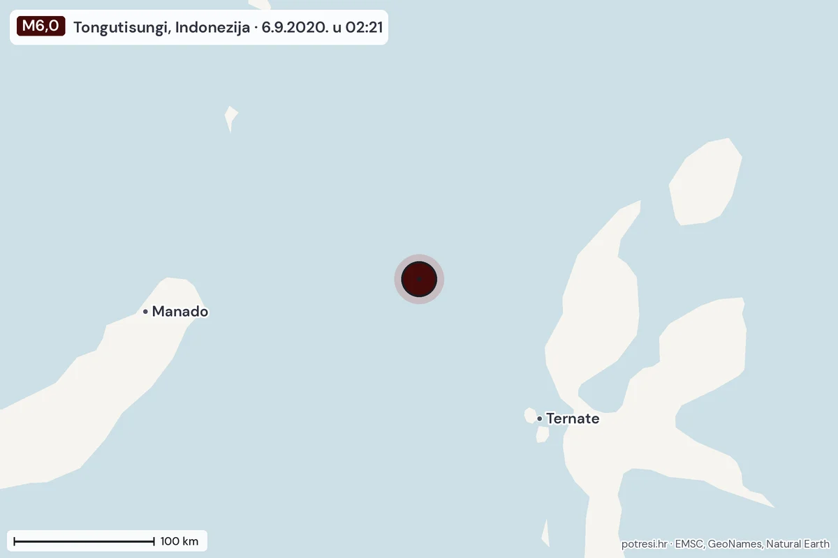 Karta: šire područje, 600 km, potres M6,0, Tongutisungi, Indonezija, 6.9.2020.