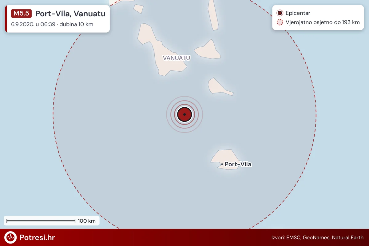 Karta: šire područje i vjerojatni doseg osjeta, potres M5,5, Port-Vila, Vanuatu, 6.9.2020.