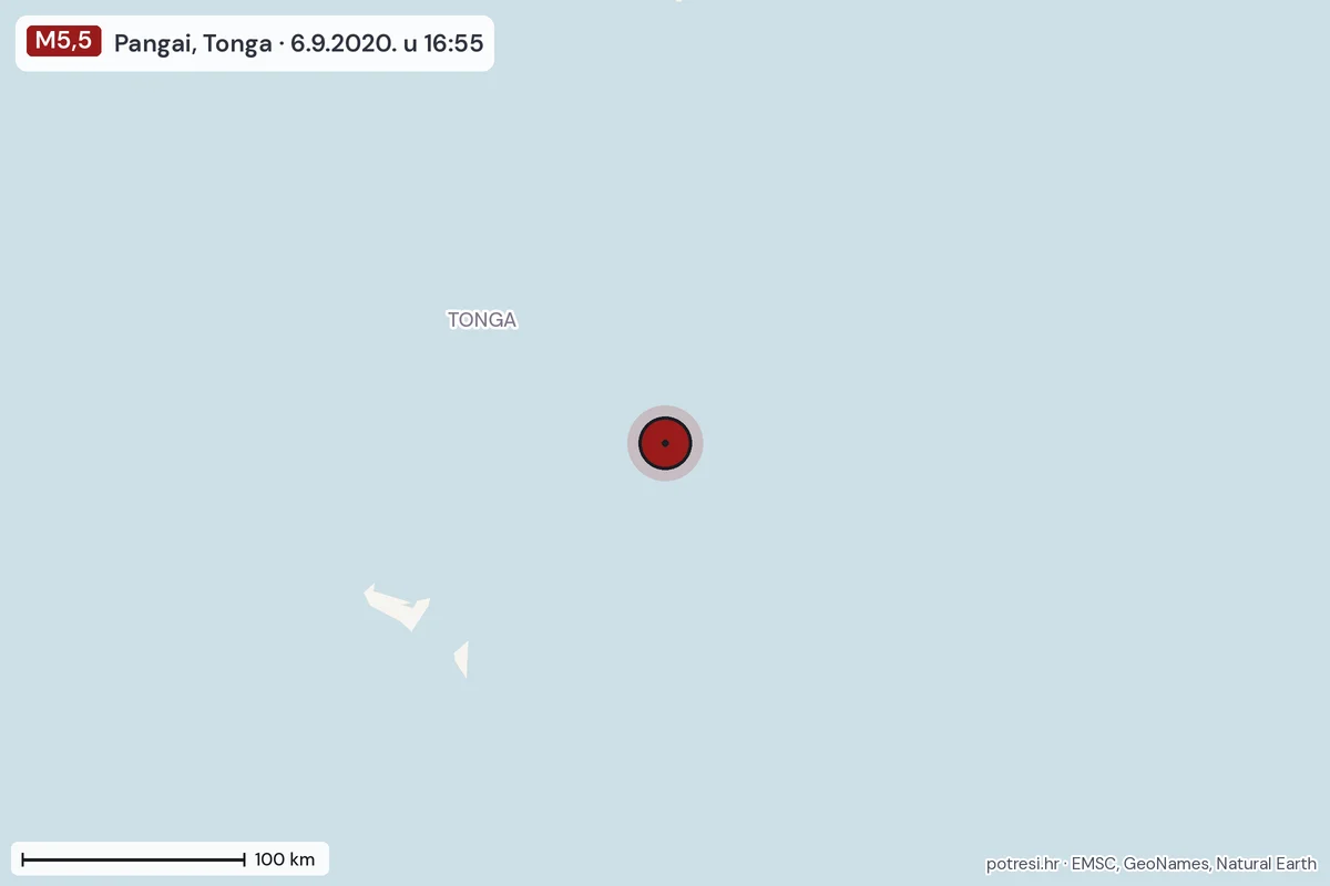 Karta: šire područje, 600 km, potres M5,5, Pangai, Tonga, 6.9.2020.