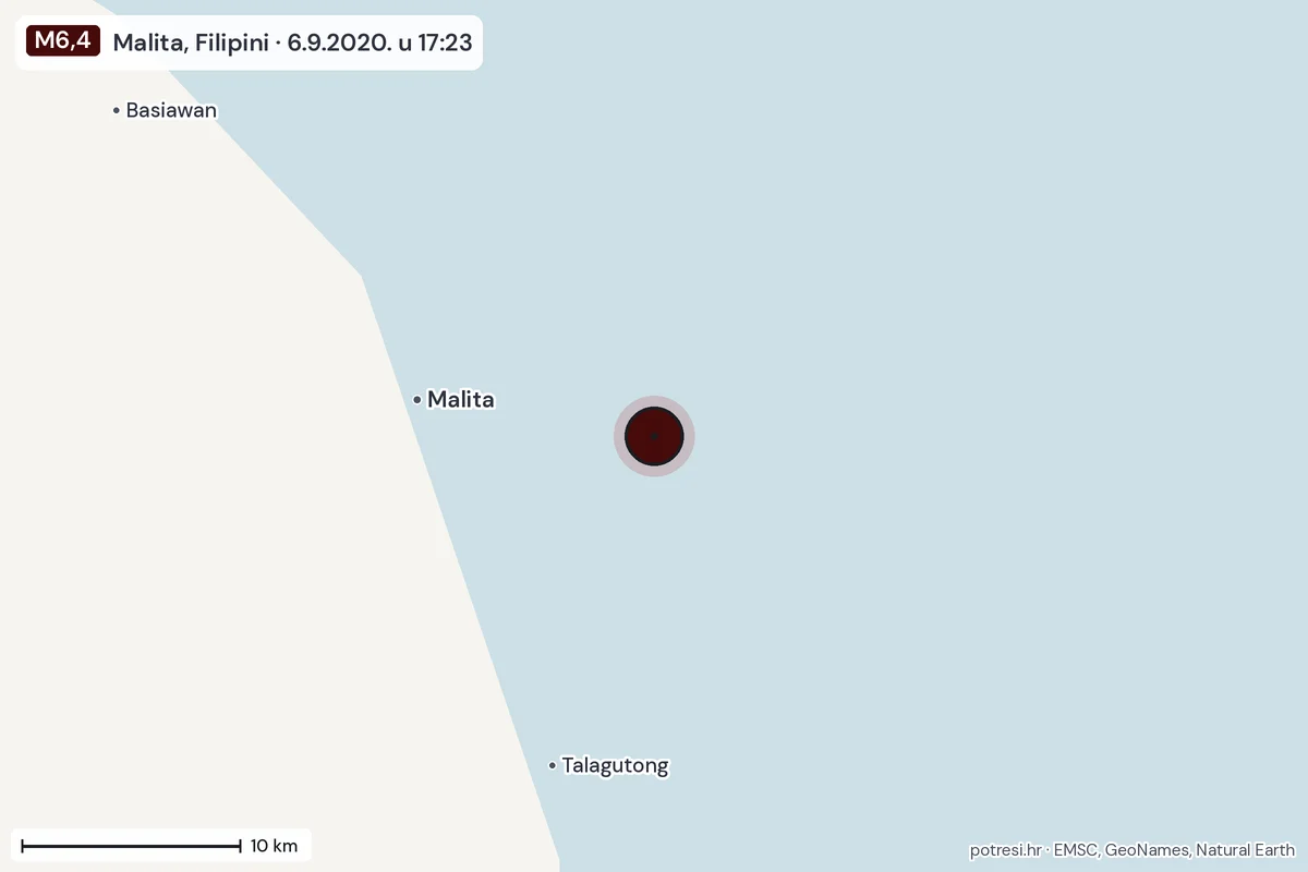 Karta: okolica epicentra, 60 km, potres M6,4, Malita, Filipini, 6.9.2020.