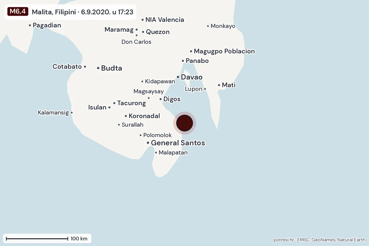 Karta: šire područje, 600 km, potres M6,4, Malita, Filipini, 6.9.2020.