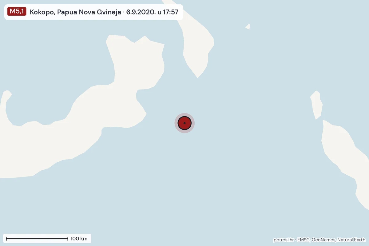 Karta: šire područje, 600 km, potres M5,1, Kokopo, Papua Nova Gvineja, 6.9.2020.