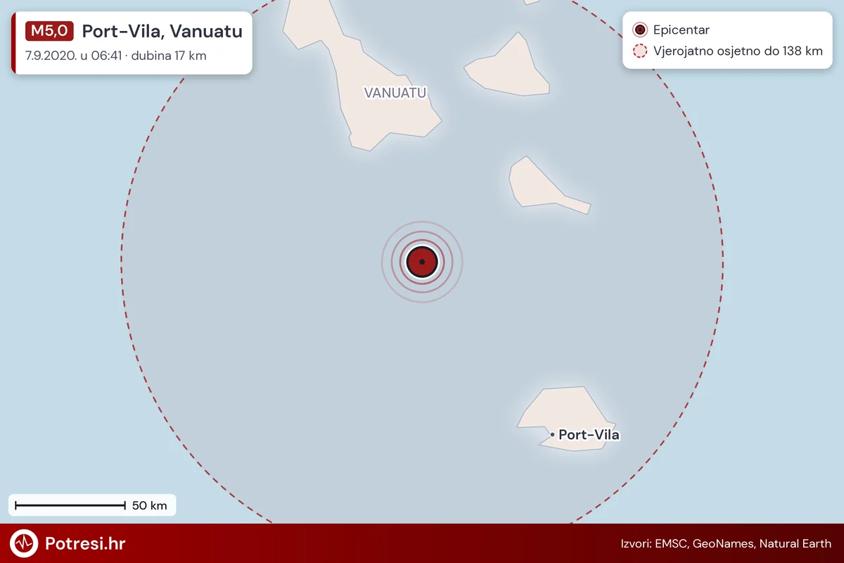 Karta: šire područje i vjerojatni doseg osjeta, potres M5,0, Port-Vila, Vanuatu, 7.9.2020.