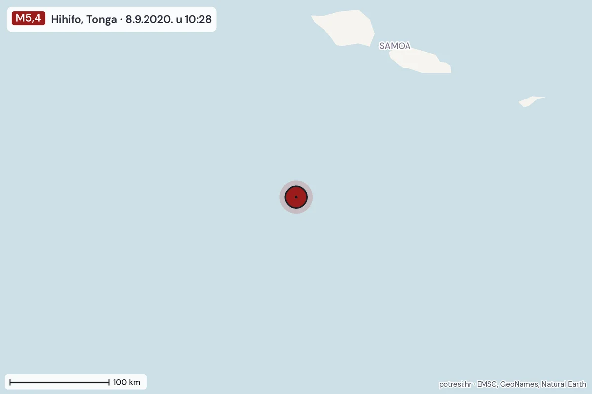 Karta: šire područje, 600 km, potres M5,4, Hihifo, Tonga, 8.9.2020.