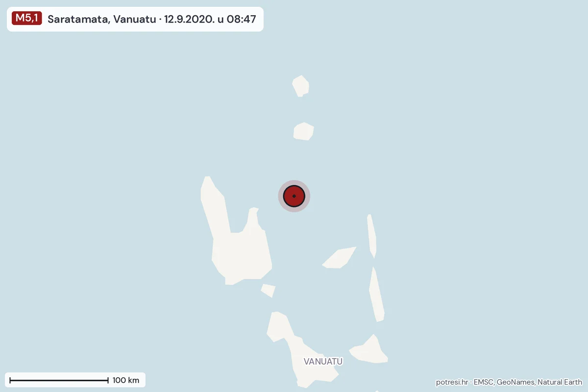 Karta: šire područje, 600 km, potres M5,1, Saratamata, Vanuatu, 12.9.2020.