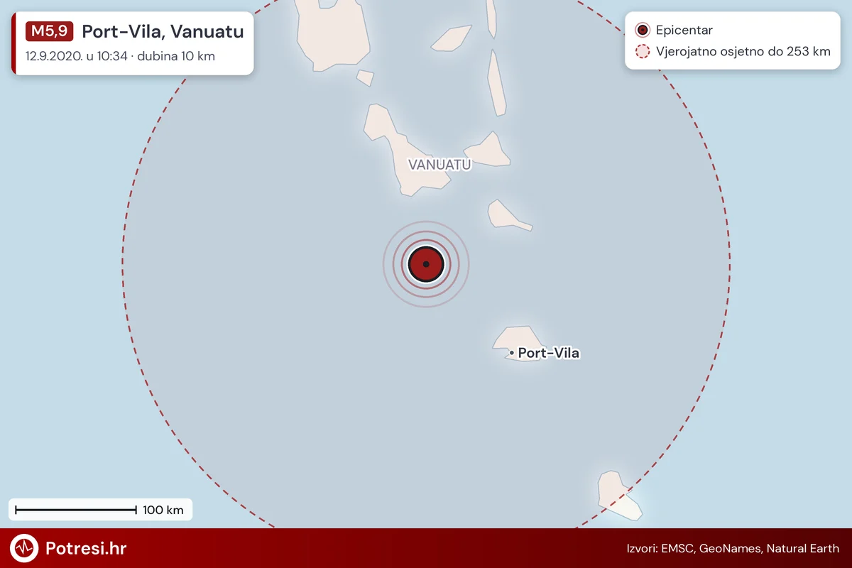 Karta: šire područje i vjerojatni doseg osjeta, potres M5,9, Port-Vila, Vanuatu, 12.9.2020.