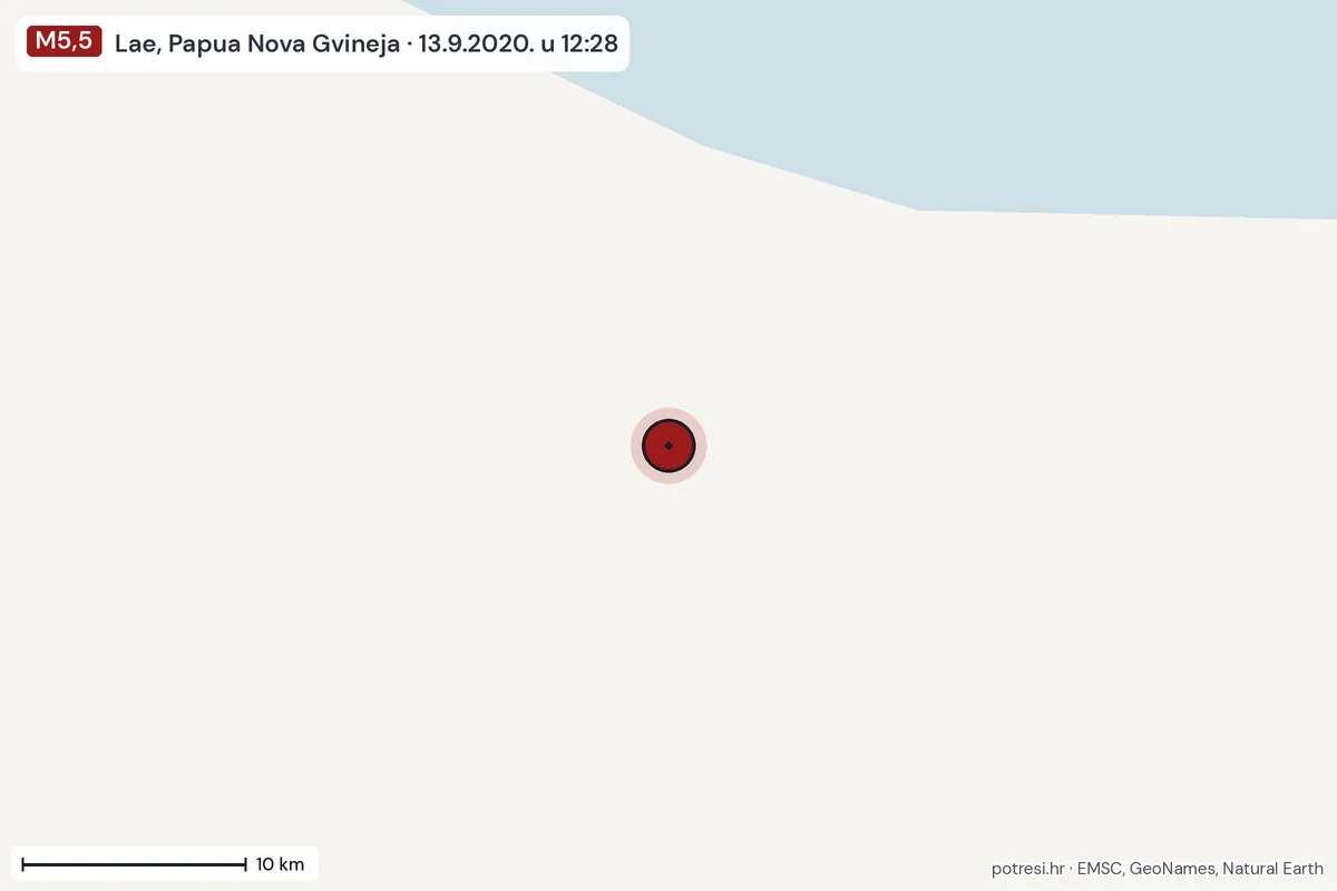 Karta: okolica epicentra, 60 km, potres M5,5, Lae, Papua Nova Gvineja, 13.9.2020.