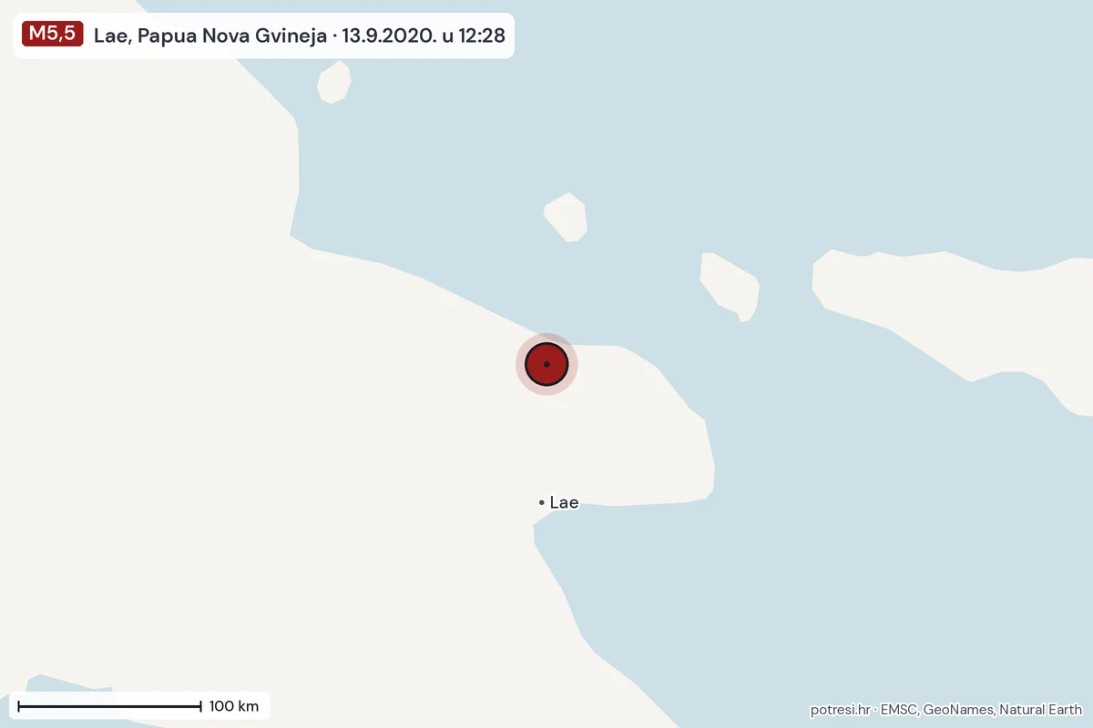 Karta: šire područje, 600 km, potres M5,5, Lae, Papua Nova Gvineja, 13.9.2020.