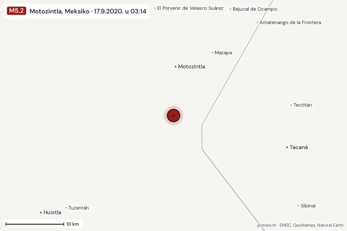 Karta: okolica epicentra, 60 km, potres M5,2, Motozintla, Meksiko, 17.9.2020.