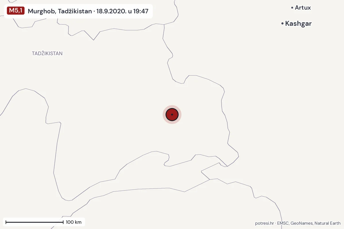 Karta: šire područje, 600 km, potres M5,1, Murghob, Tadžikistan, 18.9.2020.