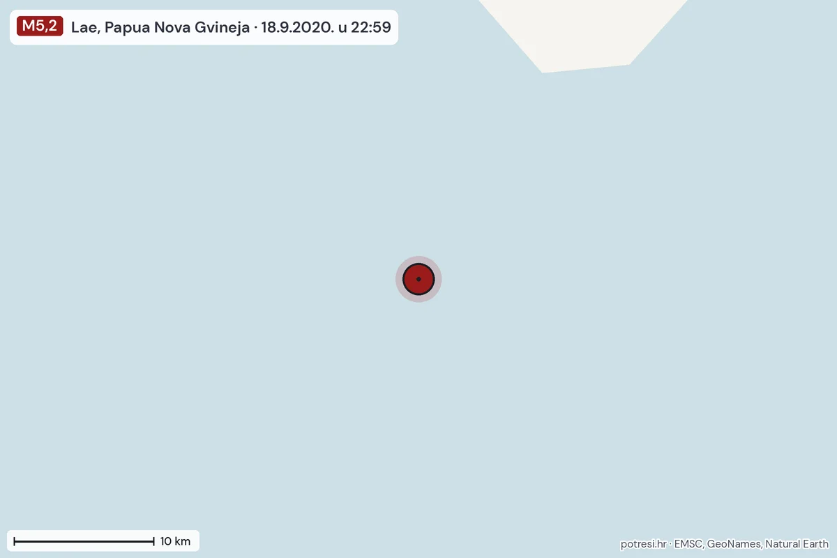 Karta: okolica epicentra, 60 km, potres M5,2, Lae, Papua Nova Gvineja, 18.9.2020.
