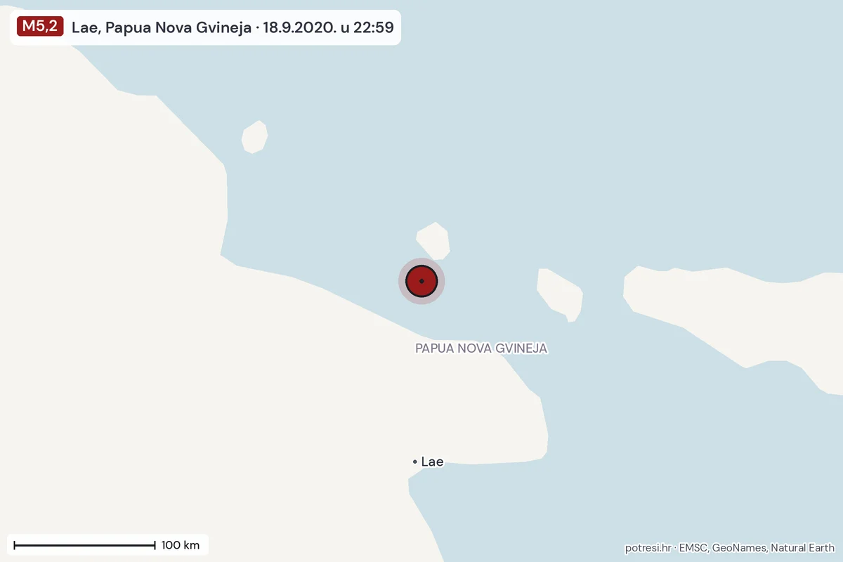 Karta: šire područje, 600 km, potres M5,2, Lae, Papua Nova Gvineja, 18.9.2020.