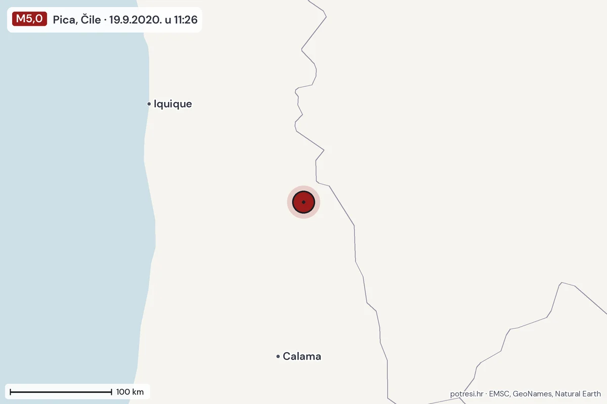 Karta: šire područje, 600 km, potres M5,0, Pica, Čile, 19.9.2020.