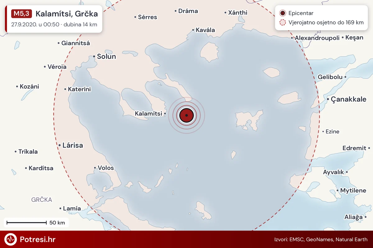 Karta: šire područje i vjerojatni doseg osjeta, potres M5,3, Kalamítsi, Grčka, 27.9.2020.