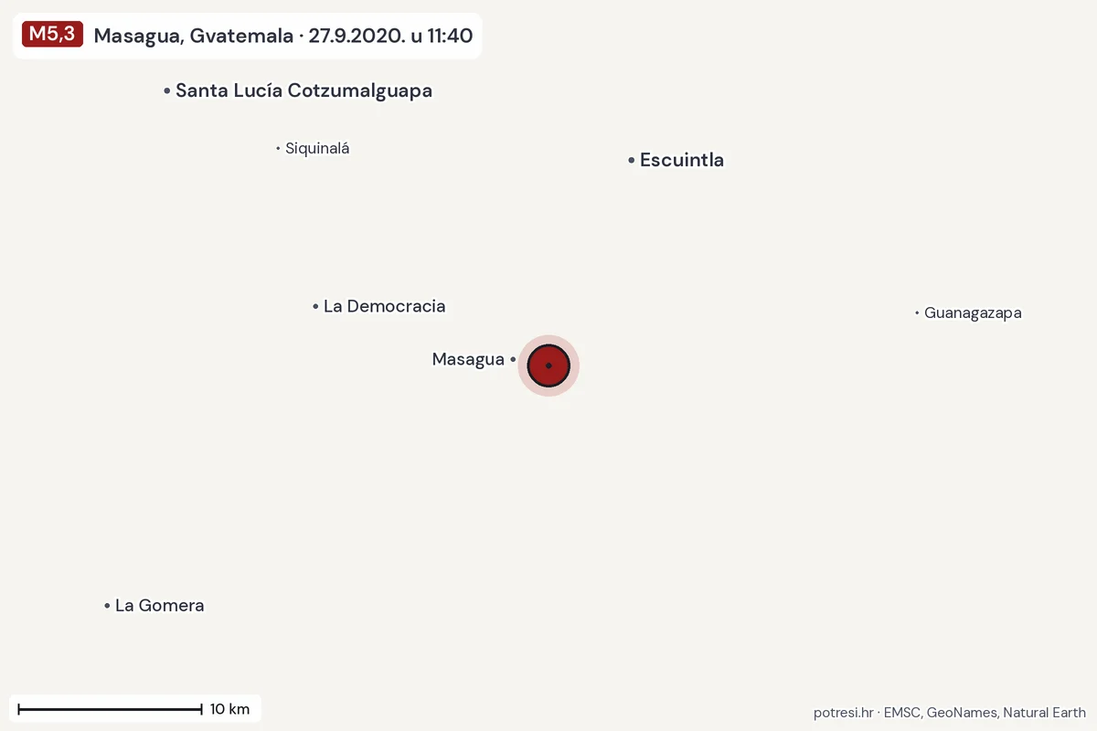 Karta: okolica epicentra, 60 km, potres M5,3, Masagua, Gvatemala, 27.9.2020.