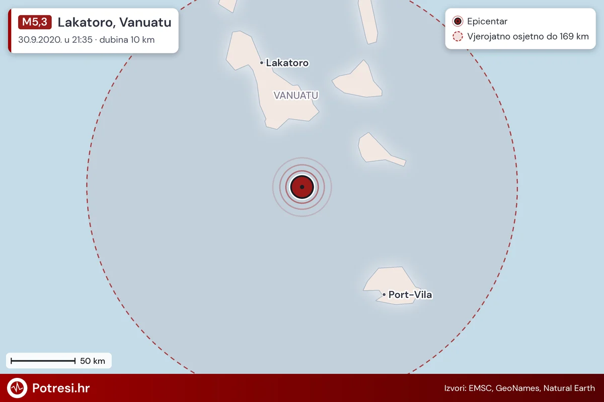 Karta: šire područje i vjerojatni doseg osjeta, potres M5,3, Lakatoro, Vanuatu, 30.9.2020.