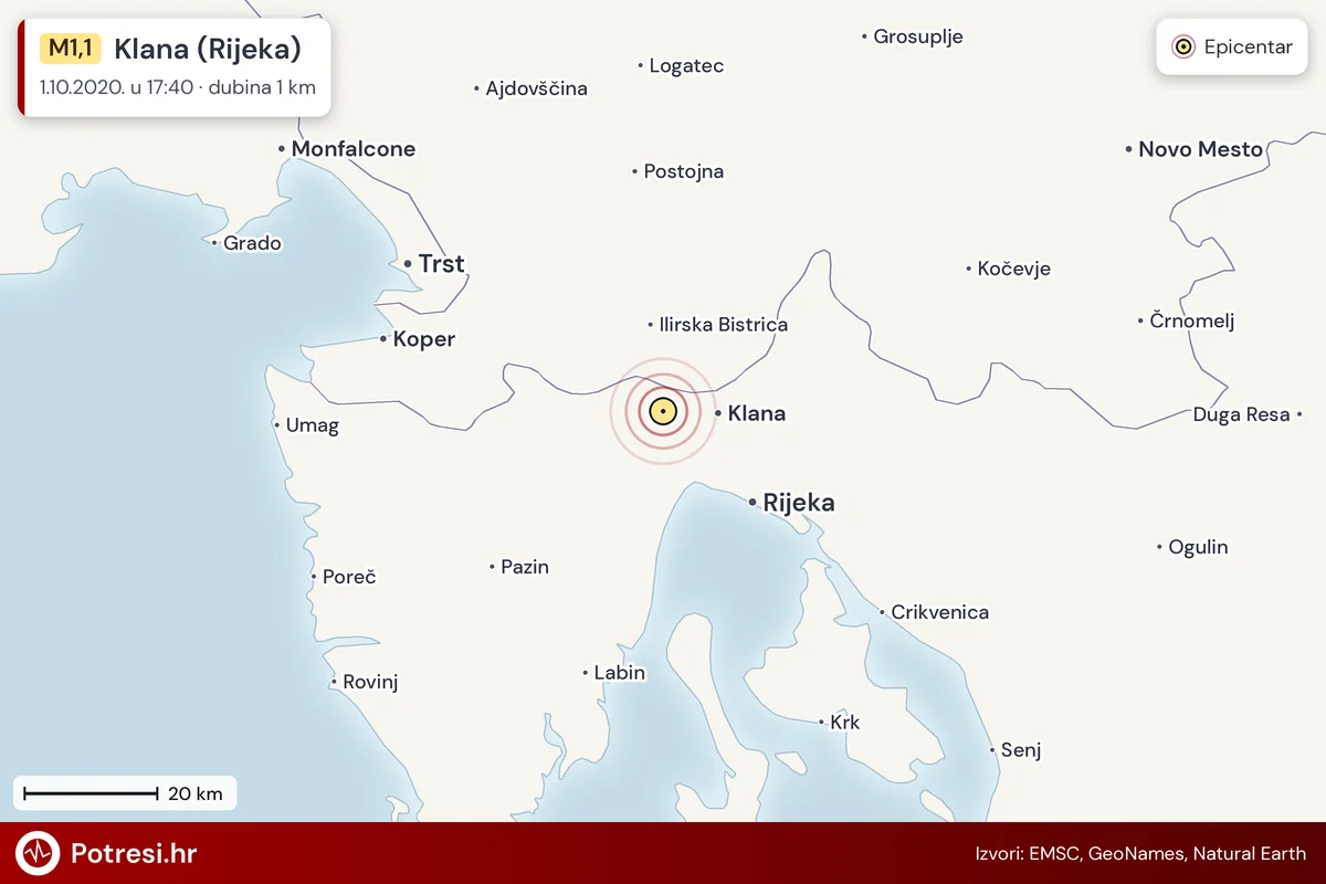 Karta: šire područje i vjerojatni doseg osjeta, potres M1,1, Klana (Rijeka), 1.10.2020.